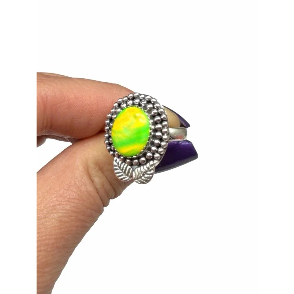 Lime Green Aurora Opal Ring Size 6.5 Solid 925 Sterling Silver Aura